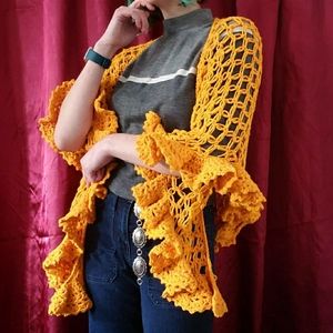 Vintage 70's Mustard Yellow Crochet Shawl